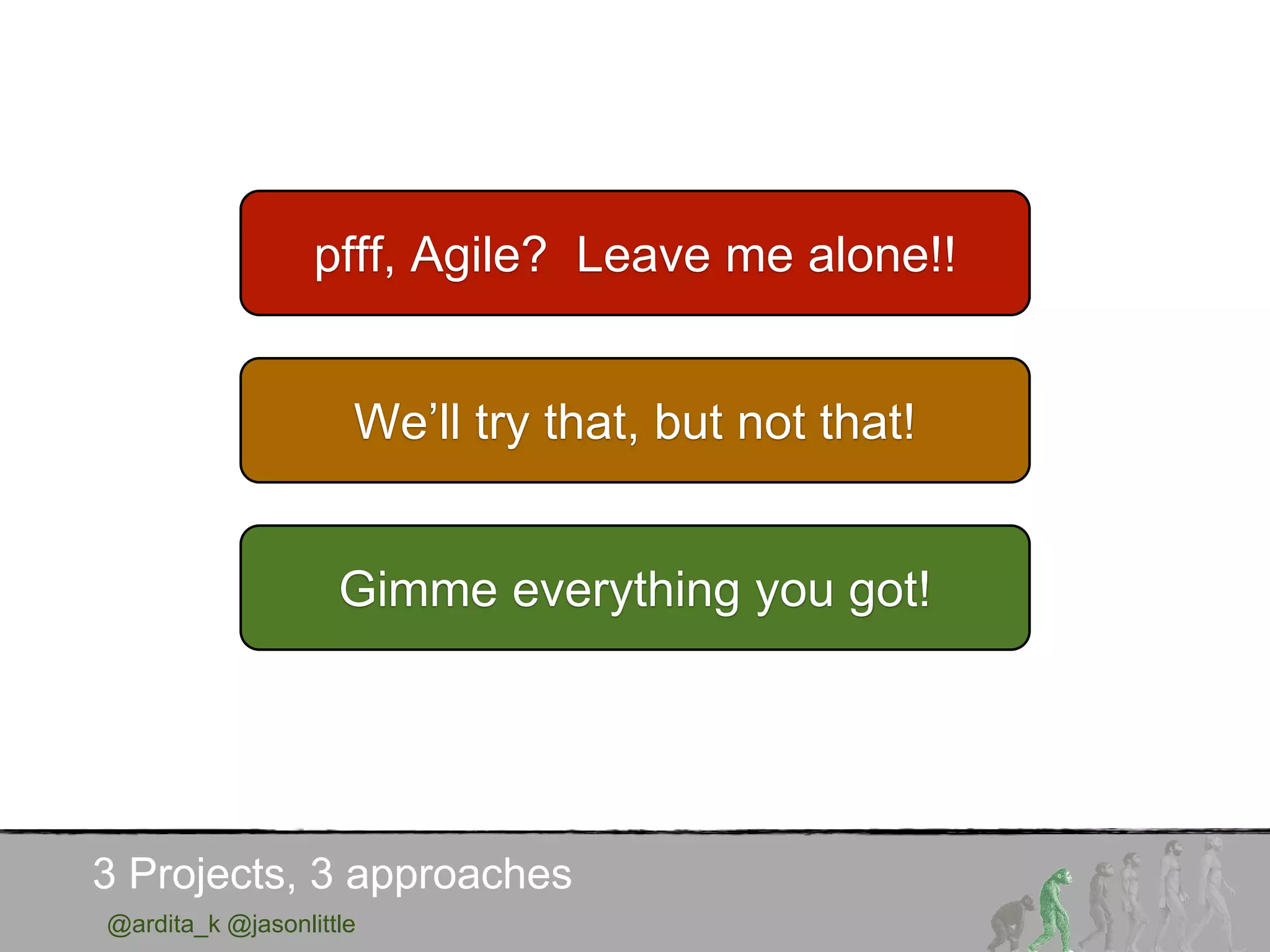 Gimme everything you got!
We’ll try that, but not that!
pfff, Agile? Leave me alone!!
@ardita_k @jasonlittle
3 Projects, 3 approaches
 