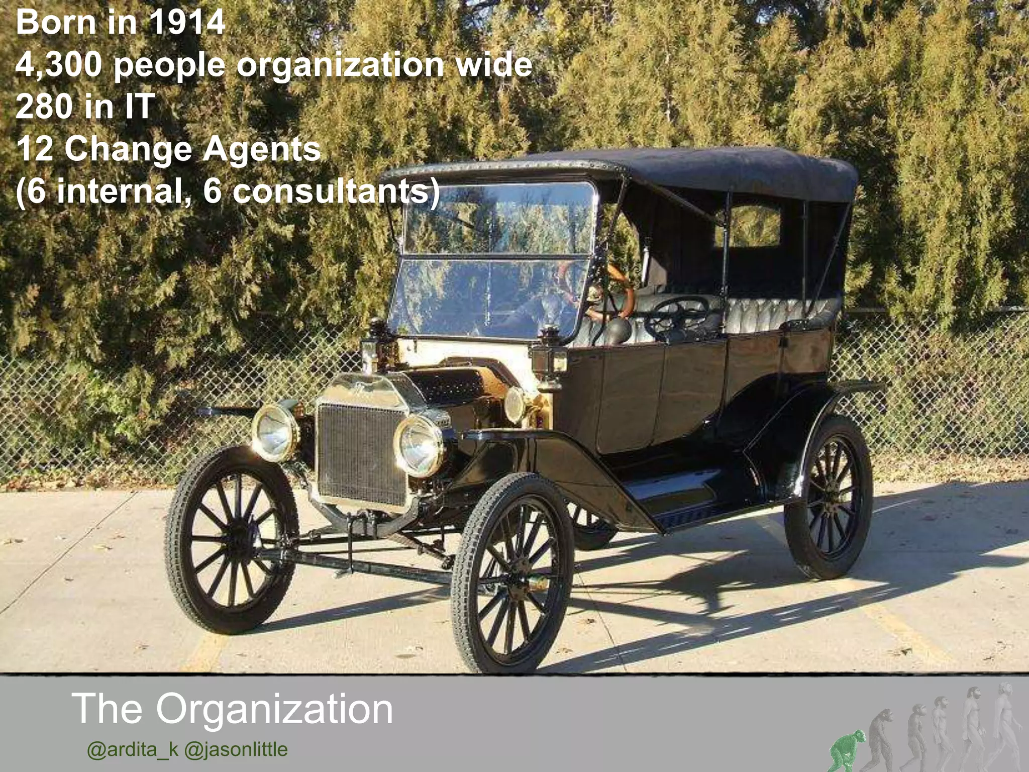 @ardita_k @jasonlittle
The Organization
Born in 1914
4,300 people organization wide
280 in IT
12 Change Agents
(6 internal, 6 consultants)
 