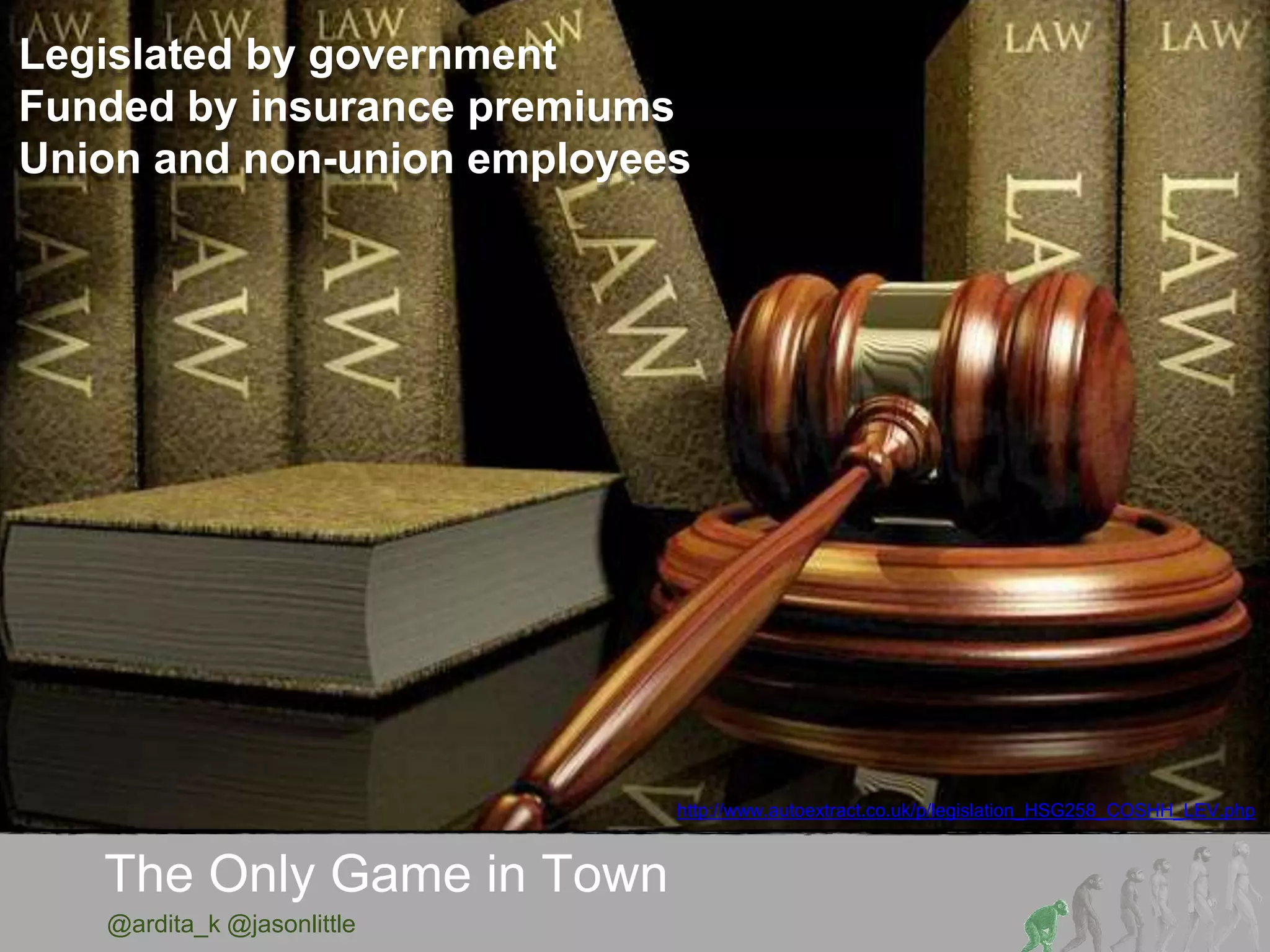 @ardita_k @jasonlittle
The Only Game in Town
http://www.autoextract.co.uk/p/legislation_HSG258_COSHH_LEV.php
Legislated by government
Funded by insurance premiums
Union and non-union employees
 