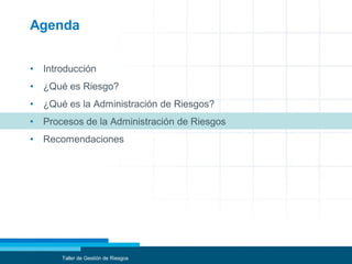 Agenda
• Introducción
• ¿Qué es Riesgo?
• ¿Qué es la Administración de Riesgos?
• Procesos de la Administración de Riesgos
• Recomendaciones
Taller de Gestión de Riesgos
 