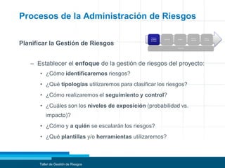 Procesos de la Administración de Riesgos
Planificar la Gestión de Riesgos
– Establecer el enfoque de la gestión de riesgos del proyecto:
• ¿Cómo identificaremos riesgos?
• ¿Qué tipologías utilizaremos para clasificar los riesgos?
• ¿Cómo realizaremos el seguimiento y control?
• ¿Cuáles son los niveles de exposición (probabilidad vs.
impacto)?
• ¿Cómo y a quién se escalarán los riesgos?
• ¿Qué plantillas y/o herramientas utilizaremos?
Taller de Gestión de Riesgos
Planificar
la gestión
de riesgos
Identificar Analizar
Planificar
respuesta
Seguir y
controlar
Comunicar
 