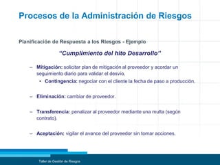 Procesos de la Administración de Riesgos
Planificación de Respuesta a los Riesgos - Ejemplo
– Mitigación: solicitar plan de mitigación al proveedor y acordar un
seguimiento diario para validar el desvío.
• Contingencia: negociar con el cliente la fecha de paso a producción.
– Eliminación: cambiar de proveedor.
– Transferencia: penalizar al proveedor mediante una multa (según
contrato).
– Aceptación: vigilar el avance del proveedor sin tomar acciones.
Taller de Gestión de Riesgos
“Cumplimiento del hito Desarrollo”
 