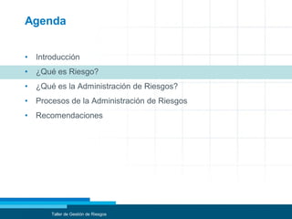 Agenda
• Introducción
• ¿Qué es Riesgo?
• ¿Qué es la Administración de Riesgos?
• Procesos de la Administración de Riesgos
• Recomendaciones
Taller de Gestión de Riesgos
 