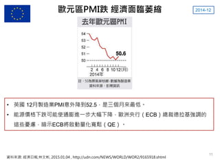 歐元區PMI跌 經濟面臨萎縮 2014-12
資料來源: 經濟日報,林文彬, 2015.01.04 , http://udn.com/NEWS/WORLD/WOR2/9165918.shtml
• 英國 12月製造業PMI意外降到52.5，是三個月來最低。
• 能源價格下跌可能使通膨進一步大幅下降，歐洲央行（ECB）總裁德拉基強調的
這些憂慮，暗示ECB將啟動量化寬鬆（QE）。
11
 