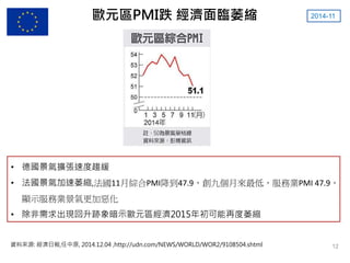 歐元區PMI跌 經濟面臨萎縮 2014-11
資料來源: 經濟日報,任中原, 2014.12.04 ,http://udn.com/NEWS/WORLD/WOR2/9108504.shtml
• 德國景氣擴張速度趨緩
• 法國景氣加速萎縮,法國11月綜合PMI降到47.9，創九個月來最低，服務業PMI 47.9，
顯示服務業景氣更加惡化
• 除非需求出現回升跡象暗示歐元區經濟2015年初可能再度萎縮
12
 