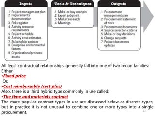 All legal contractual relationships generally fall into one of two broad families: 
Either 
•Fixed-price 
Or, 
•Cost reimbursable (cost plus) 
Also, there is a third hybrid type commonly in use called: 
•The time and materials contract 
The more popular contract types in use are discussed below as discrete types, 
but in practice it is not unusual to combine one or more types into a single 
procurement. 22 
 