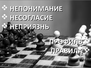  НЕПОНИМАНИЕНЕПОНИМАНИЕ
 НЕСОГЛАСИЕНЕСОГЛАСИЕ
 НЕПРИЯЗНЬНЕПРИЯЗНЬ
ПРОФИЛЬПРОФИЛЬ
ПРАВИЛАПРАВИЛА


 