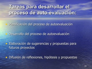 Planificación del proceso de autoevaluación Desarrollo del proceso de autoevaluación Elaboración de sugerencias y propuestas para futuros proyectos Difusión de reflexiones, hipótesis y propuestas Tareas para desarrollar el proceso de auto-evaluación: 