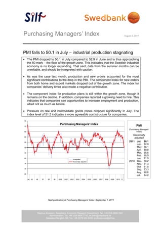 Purchasing Managers’ Index                                                                                              August 3, 2011




PMI falls to 50.1 in July – industrial production stagnating
 The PMI dropped to 50.1 in July compared to 52.9 in June and is thus approaching
  the 50 mark – the floor of the growth zone. This indicates that the Swedish industrial
  economy is no longer expanding. That said, data from the summer months can be
  unreliable, and should be interpreted with caution.

 As was the case last month, production and new orders accounted for the most
  significant contributions to the drop in the PMI. The component index for new orders
  from both home and export markets dropped out of the growth zone. The index for
  companies’ delivery times also made a negative contribution.

 The component index for production plans is still within the growth zone, though it
  remains on the decline. In addition, companies reported a growing need to hire. This
  indicates that companies see opportunities to increase employment and production,
  albeit not as much as before.

 Pressure on raw and intermediate goods prices dropped significantly in July. The
  index level of 51.5 indicates a more agreeable cost structure for companies.

75

                                     Purchasing Managers' Index
70                                                                                                                                 PMI
                                                                                                                            (Purchasing Managers’
65                                                                                                                                 Index)
                                                                                                                               Seasonally
60
                                                                                                                                adjusted
55                                                                                                                          2011 Jul. 50.1
                                                                                                                                  Jun. 52.9
50                                                                                                                                May 56.1
                                                                                                                                  Apr. 59.8
45                                                                                                                                Mar. 58.6
                                                                                                                                  Feb. 60.9
40
                                                     Unadjusted                                                                   Jan. 61.5
                                                     Seasonally adjusted                                                    2010 Dec. 60.2
35                                                                                                                                Nov. 61.3
                                                                                                                                  Oct. 61.8
30
                                                                                                                                  Sep. 63.3
                                                                                                                                  Aug. 60.6
25
                                                                                                                                  Jul. 64.2
     94   95   96   97   98    99   2000   2001   2002   2003     2004     2005   2006   2007   2008   2009   2010 11




                         Next publication of Purchasing Managers’ Index: September 1, 2011




                Magnus Alvesson, Swedbank, Economic Research Department, Tel. +46 (0)8-5859 3341
                           Administration, Tel. +46 (0)8-5859 7740, ek.sekr@swedbank.se
                       Sebastian Bergfelt, Silf, Tel. +46 (0)73-944 6450, professionals@silf.se
 