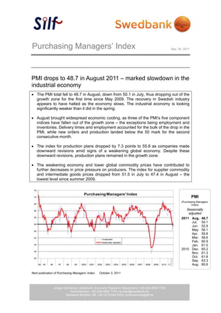 Purchasing Managers’ Index                                                                                                 Sep. 02, 2011




PMI drops to 48.7 in August 2011 – marked slowdown in the
industrial economy
 The PMI total fell to 48.7 in August, down from 50.1 in July, thus dropping out of the
  growth zone for the first time since May 2009. The recovery in Swedish industry
  appears to have halted as the economy slows. The industrial economy is looking
  significantly weaker than it did in the spring.

 August brought widespread economic cooling, as three of the PMI’s five component
  indices have fallen out of the growth zone – the exceptions being employment and
  inventories. Delivery times and employment accounted for the bulk of the drop in the
  PMI, while new orders and production landed below the 50 mark for the second
  consecutive month.

 The index for production plans dropped by 7.3 points to 55.8 as companies made
  downward revisions amid signs of a weakening global economy. Despite these
  downward revisions, production plans remained in the growth zone.

 The weakening economy and lower global commodity prices have contributed to
  further decreases in price pressure on producers. The index for supplier commodity
  and intermediate goods prices dropped from 51.5 in July to 47.4 in August – the
  lowest level since summer 2009.

 75

                                         Purchasing Managers' Index
 70                                                                                                                                        PMI
                                                                                                                                  (Purchasing Managers’
 65
                                                                                                                                         Index)

 60                                                                                                                                  Seasonally
                                                                                                                                      adjusted
 55
                                                                                                                                  2011 Aug. 48.7
                                                                                                                                        Jul. 50.1
 50
                                                                                                                                        Jun. 52.9
 45                                                                                                                                     May 56.1
                                                                                                                                        Apr. 59.8
 40
                                                        Unadjusted
                                                                                                                                        Mar. 58.6
                                                        Seasonally adjusted                                                             Feb. 60.9
 35                                                                                                                                     Jan. 61.5
                                                                                                                                  2010 Dec. 60.2
 30
                                                                                                                                        Nov. 61.3
 25
                                                                                                                                        Oct. 61.8
                                                                                                                                        Sep. 63.3
      94   95   96      97   98   99   2000   2001   2002   2003     2004     2005   2006   2007   2008   2009   2010 11                Aug. 60.6

Next publication of Purchasing Managers’ Index:       October 3, 2011




                     Jörgen Kennemar, Swedbank, Economic Research Department, +46 (0)8-5859 7730
                                Administration, +46 (0)8-5859 7740, ek.sekr@swedbank.se
                             Sebastian Bergfelt, Silf, +46 (0)73-944 6450, professionals@silf.se
                                                              1 (4)
 