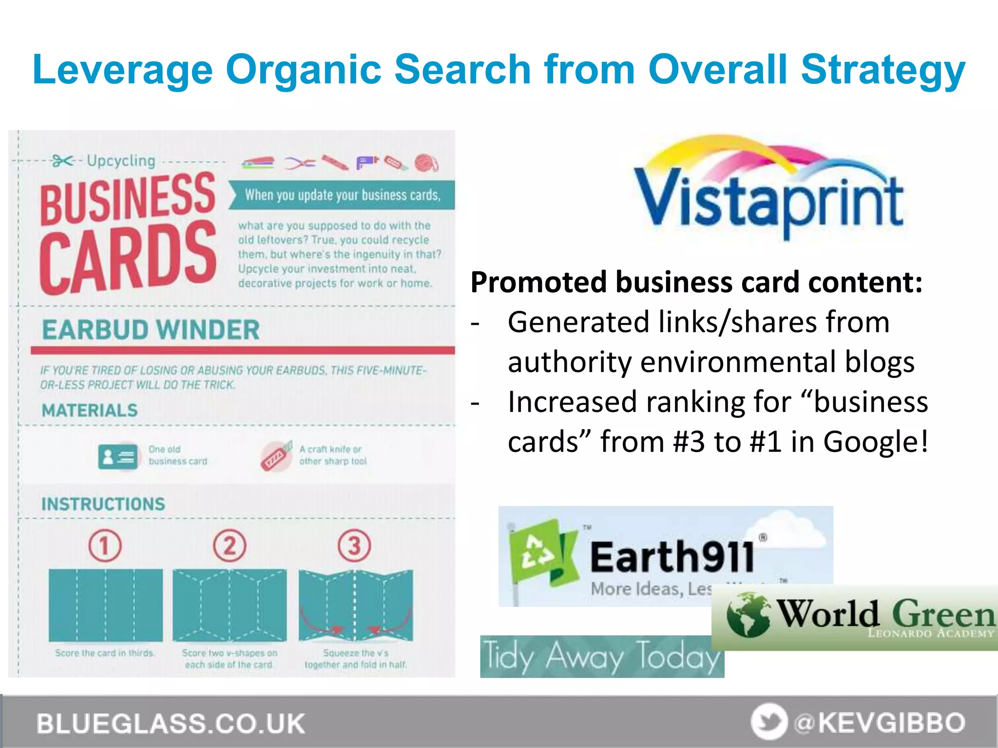 Promoted business card content:
- Generated links/shares from
authority environmental blogs
- Increased ranking for “business
cards” from #3 to #1 in Google!
Leverage Organic Search from Overall Strategy
 