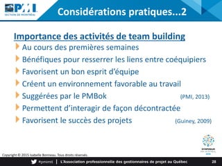 Considérations pratiques...2
Importance des activités de team building
Au cours des premières semaines
Bénéfiques pour res...