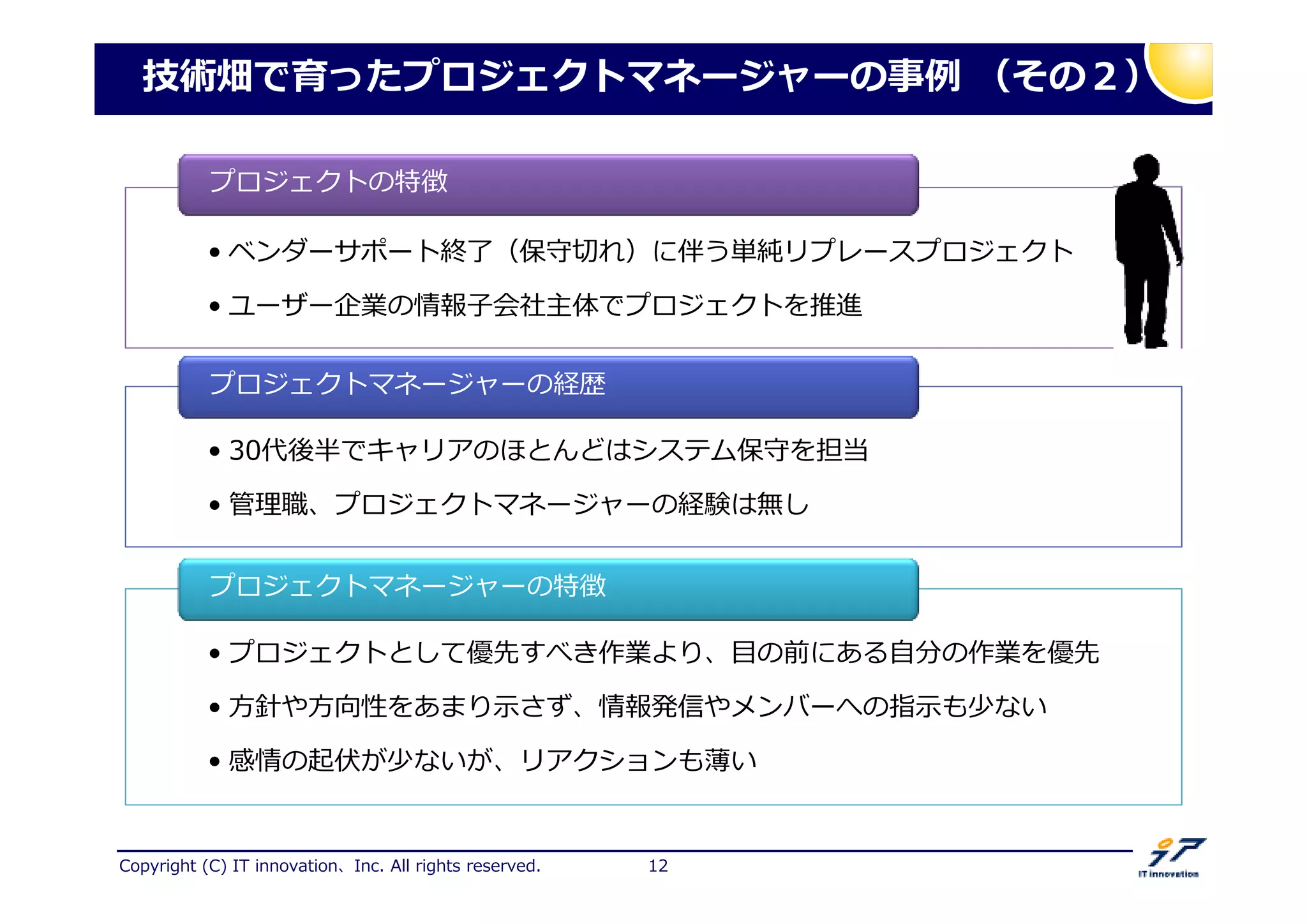 Copyright (C) IT innovation、Inc. All rights reserved. 12
技術畑で育ったプロジェクトマネージャーの 捁 （その２）
• ベンダーサポート厖 （保守卲れ）に伴う リプレースプロジェクト
• ユーザー企業の情報子会社主体でプロジェクトを推進
• ベンダーサポート厖 （保守卲れ）に伴う リプレースプロジェクト
• ユーザー企業の情報子会社主体でプロジェクトを推進
プロジェクトの特徴
• 30代後半でキャリアのほとんどはシステム保守を担当
• 拻 厯、プロジェクトマネージャーの経験は無し
• 30代後半でキャリアのほとんどはシステム保守を担当
• 拻 厯、プロジェクトマネージャーの経験は無し
プロジェクトマネージャーの経歴
• プロジェクトとして優先すべき作業より、目の前にある自分の作業を優先
• 方針や方向性をあまり示さず、情報発信やメンバーへの指示も少ない
• 感情の起伏が少ないが、リアクションも薄い
• プロジェクトとして優先すべき作業より、目の前にある自分の作業を優先
• 方針や方向性をあまり示さず、情報発信やメンバーへの指示も少ない
• 感情の起伏が少ないが、リアクションも薄い
プロジェクトマネージャーの特徴
 