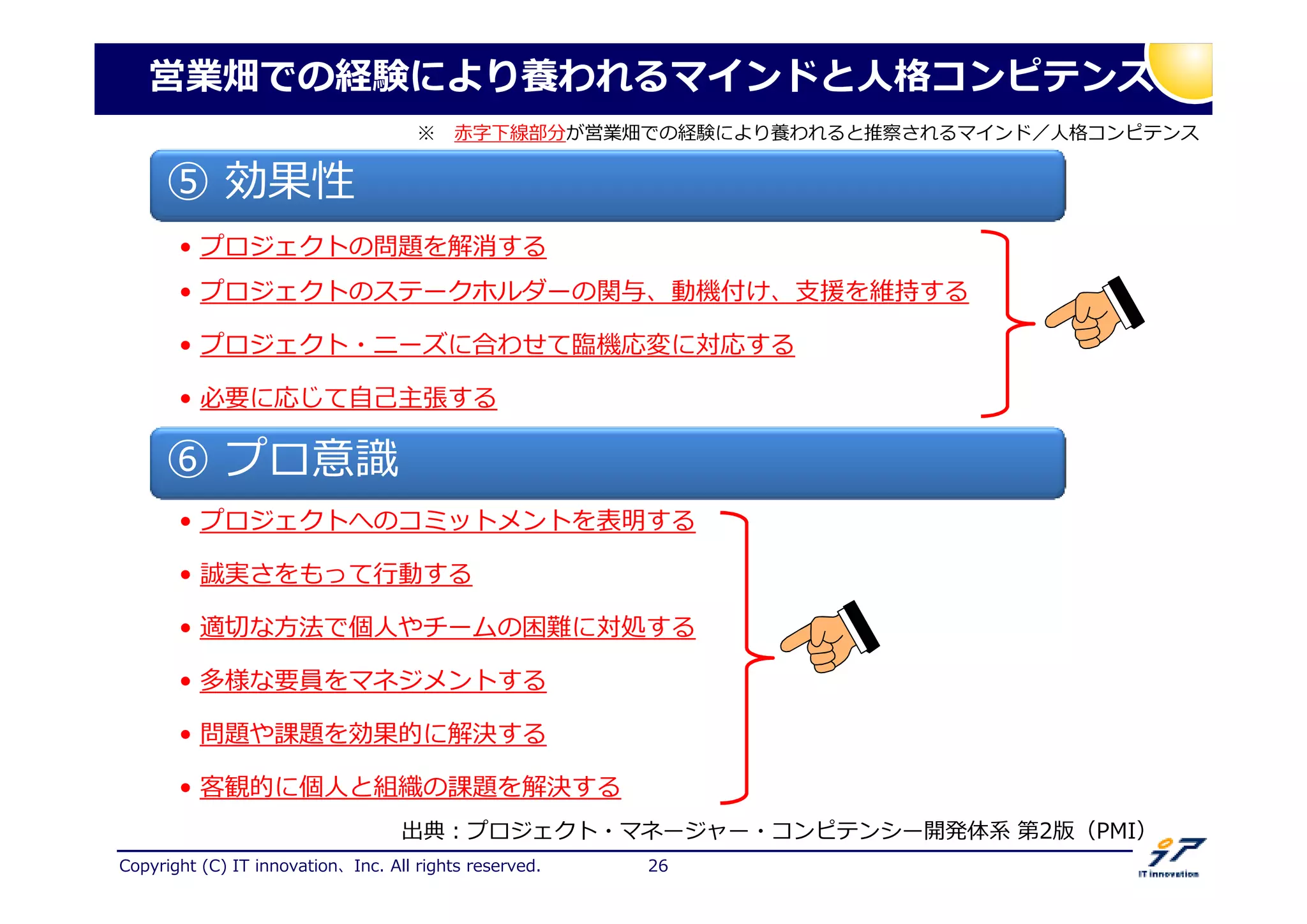 Copyright (C) IT innovation、Inc. All rights reserved. 26
営業畑での経験により養われるマインドと人格コンピテンス
⑤ 効果性
• プロジェクトの問題を解消する
• プロジェクトのステークホルダーの関与、動機付け、支援を維持する
• プロジェクト・ニーズに合わせて 機応変に対応する
• 必要に応じて自己主張する
⑥ プロ意掟
• プロジェクトへのコミットメントを表明する
• 誠実さをもって 動する
• 適卲な方法で個人やチームの 挚に対叀する
• 多様な要員をマネジメントする
• 問題や課題を効果的に解決する
• 客観的に個人と組織の課題を解決する
出典：プロジェクト・マネージャー・コンピテンシー開発体系 第2版（PMI）
※ 赤字下線部分が営業畑での経験により養われると推察されるマインド／人格コンピテンス
 