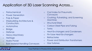 Your Partner in Productivity Improvement
Application of 3D Laser Scanning Across…
o Petrochemical
o Power Generation
o Pulp & Paper
o Shipbuilding Architecture &
Construction,
o Automotive
o Bridge
o Defense
o Heavy Machinery
o Heritage
o Hydro Power
o Bulk Material Handling Conveyors
o Cost Index for Pneumatic
Conveyors
o Crushing, Pulverizing, and Screening
Machines
o Structural Steel
o Carbon Steel Pipe and Tubing
o Tanks
o Heat Ex-changers and Condensers
o Fin-Tube Heat Ex-changers
o Refractories
o Power and Distribution Transformers
o Gas Turbines
 