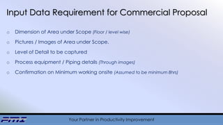 Your Partner in Productivity Improvement
Input Data Requirement for Commercial Proposal
o Dimension of Area under Scope (Floor / level wise)
o Pictures / Images of Area under Scope.
o Level of Detail to be captured
o Process equipment / Piping details (Through images)
o Confirmation on Minimum working onsite (Assumed to be minimum 8hrs)
 