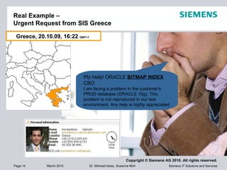 Real Example –  Urgent Request from SIS Greece Greece, 20.10.09, 16:22  GMT+1   Plz Help! ORACLE  BITMAP INDEX  CBO  I am ...