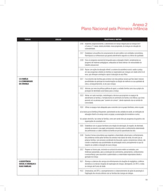 59
2.0.6	 Implantar, progressivamente, o atendimento em tempo integral para as crianças de 0
a 5 anos e 11 meses, dando prioridade, nessa progressão, às crianças em situação de
vulnerabilidade.
2.0.7	 Estabelecer uma política de conveniamento do setor público com entidades comunitárias,
filantrópicas ou confessionais que garanta atendimento segundo os critérios de qualidade.
2.0.8	 Criar um programa nacional de brinquedos para a educação infantil, complementar ao
programa de materiais pedagógicos, adequados às faixas etárias e às necessidades do
trabalho educacional.
2.0.9	 Apoiar, com ações de educação infantil, os setores de assistência social, saúde e justiça,
em seus programas voltados às famílias ou responsáveis por crianças com idade entre 0 e 6
anos, que ofereçam orientação e apoio à educação de seus filhos.
3.0.1	 Ir ao encontro das famílias para construir com elas práticas sociais que lhes deem maiores
possibilidades de participar de transformações na direção de melhoria na sua qualidade de
vida e, consequentemente, na de suas crianças.
3.0.2	 Valorizar, por meio de políticas públicas de apoio, a unidade familiar como locus próprio de
produção de identidade social básica para a criança.
3.0.3	 Adotar, em cada município, metodologias e técnicas que propiciem os espaços de
atendimento às famílias, o fortalecimento do sentimento de família e de infância, que torne
possível unir as pessoas para “viverem em comum”, dando expressão viva ao sentido de
comunidade.
3.0.4	 Utilizarosespaçosmaisadequadosparaoencontrocomosgruposfamiliares,entreosquais:
a)oslocaisqueasfamíliasjáfrequentam,aproveitando-sedasunidadesdesaúde,asinstituiçõesde
educaçãoinfantiledoserviçosocial,asigrejas,asassociaçõesdemoradoreseoutros;
b) o próprio domicílio, nas visitas às famílias, como vem sendo feito por programas de governo e de
organizações da sociedade civil.
3.0.5	 Estabelecercomosgruposfamiliaresumarelaçãodevalorização,derespeito,dealteridade,
evitando-seassumiroseupapel,promovendooencontroentreoconhecimentosistematizado
dosprofissionaiseosabercotidianodafamíliaemproldoaprendizadodosdois.
3.0.6	 Construir formas comunitárias que respeitem a diversidade cultural para o enfrentamento
dos problemas vividos pelas famílias dos estratos mais baixos de renda, de sorte que as
próprias famílias, num processo coordenado de discussão, ajuda e compromisso mútuos, vão
criando e ampliando suas possibilidades de participação social, principalmente no que diz
respeito ao cuidado e educação de suas crianças.
3.0.7	 Preparar os futuros pais, incluindo no currículo do ensino médio os conteúdos, com
dinâmicas apropriadas, para a construção dos sentimentos, pensamentos, conhecimentos
e autoconfiança, para assumirem a paternidade e a maternidade responsáveis desde a
gestação da criança.
4.0.1	 Alcançar a cobertura dos serviços de enfrentamento de situações de negligência, violência
doméstica e as demais situações de exploração de crianças, abrangendo, em 2012, a todas
as crianças até 6 anos de idade.
4.0.2	 Universalizar, até 2015, o acompanhamento e o desenvolvimento de ações de prevenção à
fragilização dos vínculos afetivos com as famílias das crianças em abrigos.
3 A família
e a comunidade
da criança
4 Assistência
social a crianças e
suas famílias
Temas Áreas Objetivos e metas
Anexo 2
Plano Nacional pela Primeira Infância
 