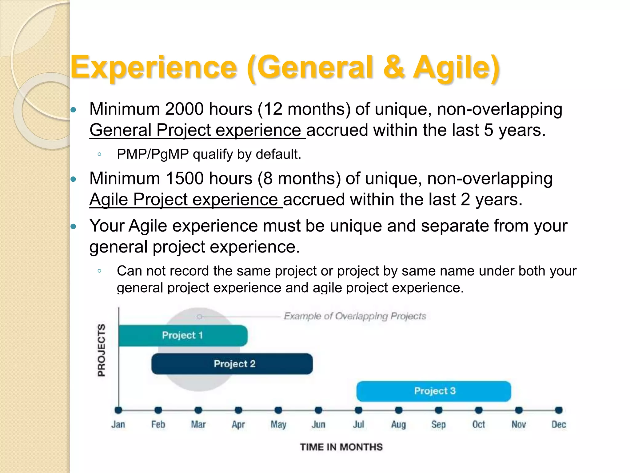 Experience (General & Agile)
Minimum 2000 hours (12 months) of unique, non-overlapping
General Project experience accrued within the last 5 years.
◦ PMP/PgMP qualify by default.
Minimum 1500 hours (8 months) of unique, non-overlapping
Agile Project experience accrued within the last 2 years.
Your Agile experience must be unique and separate from your
general project experience.
◦ Can not record the same project or project by same name under both your
general project experience and agile project experience.