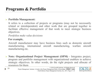 Programs & Portfolio
 Portfolio Management:
It refers to a collection of projects or programs (may not be necessarily
related or interdependent) and other work that are grouped together to
facilitate effective management of that work to meet strategic business
objectives.
Portfolios make value decisions
For example,
Aircraft manufacturer may have business lines such as domestic aircraft
manufacturing, international aircraft manufacturing, warfare aircraft
manufacturing etc.
 Note: Organizational Project Management (OPM) - Integrates project,
program and portfolio management with organizational enablers to achieve
strategic objectives. In other words, do the right projects and allocate of
resources for them
10
© 2018 ExcelR Solutions. All Rights Reserved
Project Management Institute, A Guide to the Project Management Body of Knowledge, (PMBOK® Guide)
- Sixth Edition, Project Management Institute, Inc., 2017, Page 15 -16
 