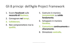 CC-BY-NC-NDSimone Onofri e Claudia Spagnuolo
Gli 8 principi dell’Agile Project Framework
1. Essere focalizzati sulle
necessità di Business.
2. Consegnare nei tempi.
3. Collaborare.
4. Non compromettere mai la
qualità.
5. Costruire in maniera
incrementale su solide
fondamenta.
6. Sviluppare in maniera
iterativa.
7. Comunicare continuamente e
chiaramente.
8. Dimostrare controllo.
 