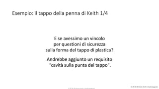 CC-BY-NC-NDSimone Onofri e Claudia Spagnuolo
Esempio: il tappo della penna di Keith 1/4
E se avessimo un vincolo
per questioni di sicurezza
sulla forma del tappo di plastica?
Andrebbe aggiunto un requisito
“cavità sulla punta del tappo".
CC-BY-NC-NDSimone Onofri e Claudia Spagnuolo
 