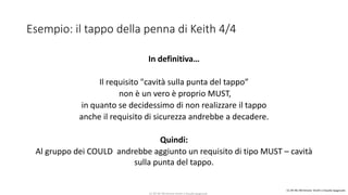 CC-BY-NC-NDSimone Onofri e Claudia Spagnuolo
Esempio: il tappo della penna di Keith 4/4
In definitiva…
Il requisito "cavità sulla punta del tappo”
non è un vero è proprio MUST,
in quanto se decidessimo di non realizzare il tappo
anche il requisito di sicurezza andrebbe a decadere.
Quindi:
Al gruppo dei COULD andrebbe aggiunto un requisito di tipo MUST – cavità
sulla punta del tappo.
CC-BY-NC-NDSimone Onofri e Claudia Spagnuolo
 