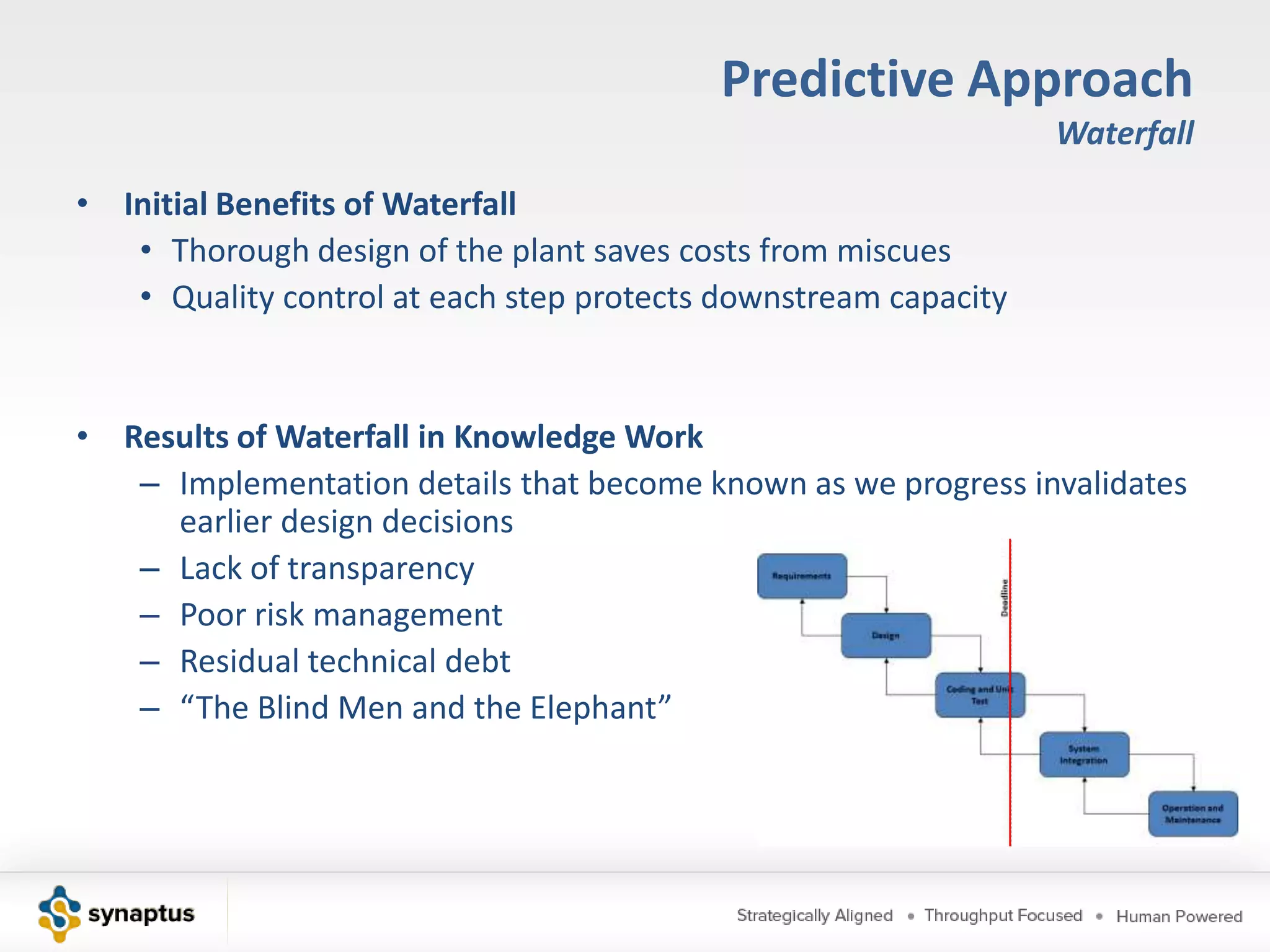 Predictive ApproachPlan Driven ManagementHenry Gantt in 1918Henry Ford mass productionDoD uses PERT in 1957PMBOK 1987Improve predictability and coordination Define all tasks and efforts upfrontProvide a governance (coordination and control) mechanismUpfront definition of all tasks and effort estimates