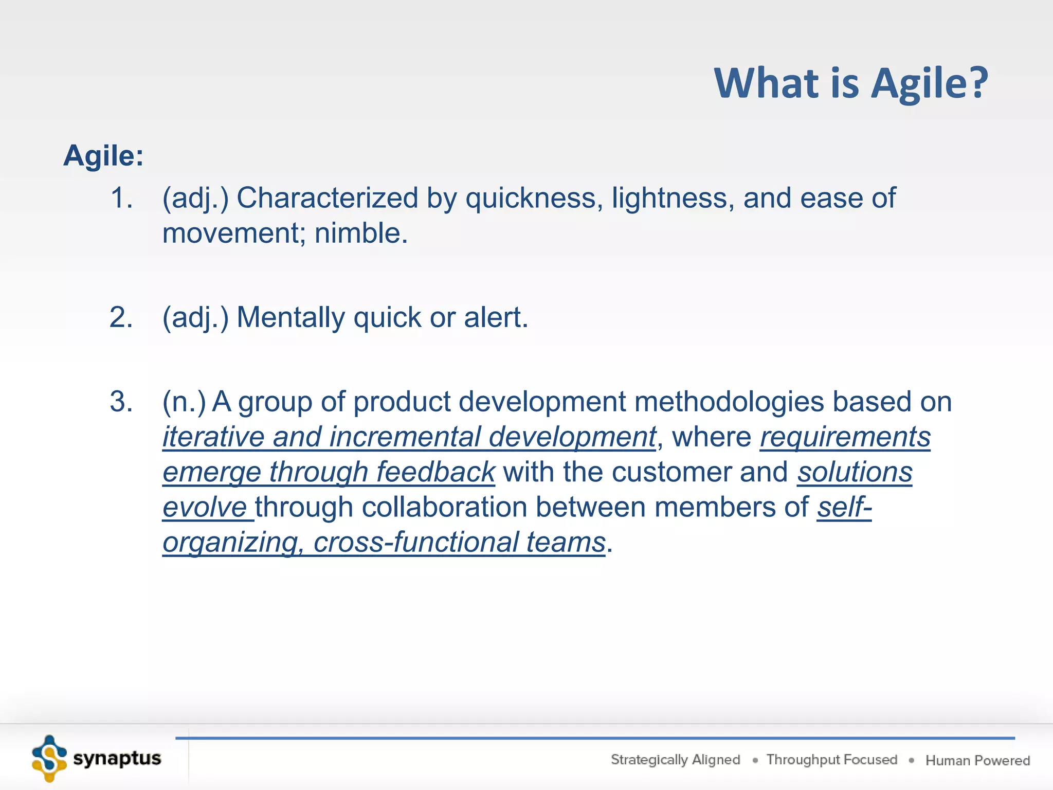 PMI Agile Certification“Dennis Stevens helped us align business analysis, architecture, development, QA, support and implementation. He was an advocate for the success of our business" -- Rob Andes, CTO, John DeereConnecting the Strategy and ExecutionHBR: The Next Revolution in ProductivityAgile in the EnterpriseCore Team Member“In a time growth and change, Dennis  Stevens helped us identify and develop the capabilities needed to deliver technology that was critical to our success." -- Mike Rouse, COO, Security First Network BankExploiting Agile DevelopmentCutter: Rethinking the Agile EnterpriseAgile Business AnalysisAgile Extension to the BABOK
