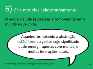 6)	
  Crie	
  modelos	
  colaborativamente
O	
  modelo	
  ajuda	
  as	
  pessoas	
  a	
  compreenderem	
  o	
  
mundo	
  a	
  sua	
  volta.
Aqueles	
  formulando	
  a	
  abstração	
  
estão	
  fazendo	
  gestos	
  cujo	
  significado	
  
pode	
  emergir	
  apenas	
  com	
  muitas,	
  e	
  
muitas	
  interações	
  locais.
Ralph	
  Stacey,	
  Complexity	
  and	
  Organizational	
  Reality,	
  2010 26
 