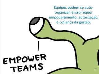 Equipes	
  podem	
  se	
  auto-­‐
organizar,	
  e	
  isso	
  requer	
  
empoderamento,	
  autorização,	
  
e	
  cofiança	
  da	
  gestão.
55
 