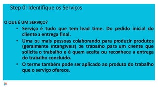 STATIK
Step 0: Identifique os Serviços
O QUE É UM SERVIÇO?
• Serviço é tudo que tem lead time. Do pedido inicial do
cliente à entrega final.
• Uma ou mais pessoas colaborando para produzir produtos
(geralmente intangíveis) de trabalho para um cliente que
solicita o trabalho e é quem aceita ou reconhece a entrega
do trabalho concluído.
• O termo também pode ser aplicado ao produto do trabalho
que o serviço oferece.
 