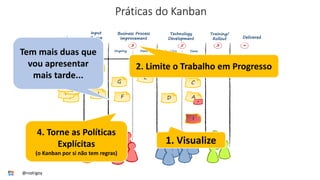 Práticas do Kanban
F
F
O
M
N
K
J
I
Ideas
D
I
Input
Queue
G
5
Ongoing
Business Process
Improvement
Technology
Development
Done
3 5
F
B
C
*
Training/
Rollout Delivered
3 ∞
Ongoing Done
1. Visualize
2. Limite o Trabalho em Progresso
4. Torne as Políticas
Explícitas
(o Kanban por si não tem regras)
Tem mais duas que
vou apresentar
mais tarde...
@rodrigoy
 