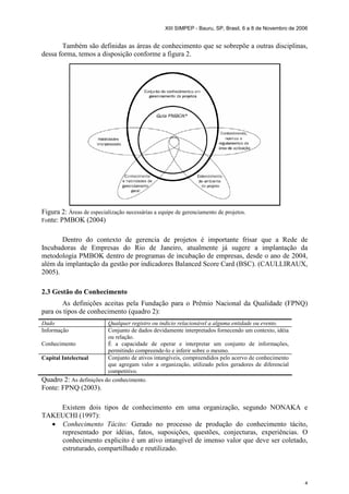 XIII SIMPEP - Bauru, SP, Brasil, 6 a 8 de Novembro de 2006


       Também são definidas as áreas de conhecimento que se sobrepõe a outras disciplinas,
dessa forma, temos a disposição conforme a figura 2.




Figura 2: Áreas de especialização necessárias a equipe de gerenciamento de projetos.
Fonte:PMBOK (2004)

       Dentro do contexto de gerencia de projetos é importante frisar que a Rede de
Incubadoras de Empresas do Rio de Janeiro, atualmente já sugere a implantação da
metodologia PMBOK dentro de programas de incubação de empresas, desde o ano de 2004,
além da implantação da gestão por indicadores Balanced Score Card (BSC). (CAULLIRAUX,
2005).

2.3 Gestão do Conhecimento
       As definições aceitas pela Fundação para o Prêmio Nacional da Qualidade (FPNQ)
para os tipos de conhecimento (quadro 2):
Dado                     Qualquer registro ou indicio relacionável a alguma entidade ou evento.
Informação               Conjunto de dados devidamente interpretados fornecendo um contexto, idéia
                         ou relação.
Conhecimento             É a capacidade de operar e interpretar um conjunto de informações,
                         permitindo compreende-lo e inferir sobre o mesmo.
Capital Intelectual      Conjunto de ativos intangíveis, compreendidos pelo acervo de conhecimento
                         que agregam valor a organização, utilizado pelos geradores de diferencial
                         competitivo.
Quadro 2: As definições do conhecimento.
Fonte: FPNQ (2003).

    Existem dois tipos de conhecimento em uma organização, segundo NONAKA e
TAKEUCHI (1997):
  • Conhecimento Tácito: Gerado no processo de produção do conhecimento tácito,
    representado por idéias, fatos, suposições, questões, conjecturas, experiências. O
    conhecimento explicito é um ativo intangível de imenso valor que deve ser coletado,
    estruturado, compartilhado e reutilizado.



                                                                                                          4
 