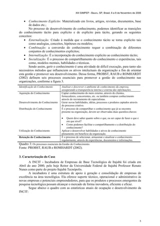 XIII SIMPEP - Bauru, SP, Brasil, 6 a 8 de Novembro de 2006


    •   Conhecimento Explícito: Materializado em livros, artigos, revistas, documentos, base
        de dados etc.;
       No processo de desenvolvimento do conhecimento, podemos identificar as transições
do conhecimento tácito para explícito e de explícito para tácito, gerando os seguintes
conceitos:
    • Externalização: Criado à medida que o conhecimento tácito se torna explicito tais
        como analogias, conceitos, hipóteses ou modelos;
    • Combinação: a conversão do conhecimento requer a combinação de diferentes
        conjuntos de conhecimentos explícitos;
    • Internalização: É a incorporação do conhecimento explicito ao conhecimento tácito;
    • Socialização: É o processo de compartilhamento do conhecimento e experiências, tais
        como, modelos mentais, habilidades e técnicas.
       Sendo assim, gerir o conhecimento é uma atividade de difícil execução, para tanto são
necessários métodos que influenciem os ativos intelectuais da organização a fim de orientar
esta gestão e promover seu desenvolvimento. Dessa forma, PROBST, RAUB e ROMHARDT
(2002) definem seis processos essenciais para promover a gestão do conhecimento nas
organizações, conforme a figura 3.
Identificação do Conhecimento        Analisar e descrever o ambiente de conhecimento da empresa,
                                     assegurando a transparência interna e externa das informações.
Aquisição do Conhecimento            Captar conhecimento do meio externo, através de clientes,
                                     fornecedores, concorrentes, etc. ou também comprar conhecimento
                                     através do recrutamento de especialistas.
Desenvolvimento do Conhecimento      Gerar novas habilidades, idéias, processos e produtos captados através
                                     do processo criativo.
Distribuição do Conhecimento         É o processo de compartilhar o conhecimento que já se encontra
                                     presente na organização, devem ser observadas duas questões-chaves:

                                     •  Quem deve saber quanto sobre o que, ou ser capaz de fazer o que e
                                        em que nível?
                                    • Como podemos facilitar o compartilhamento e a distribuição do
                                        conhecimento?
Utilização do Conhecimento          Aplicar e desenvolver habilidades e ativos de conhecimento
                                    plenamente em beneficio da organização.
Retenção do Conhecimento            É o processo de selecionar, armazenar e atualizar o conhecimento
                                    regularmente, através de experiências, documentos e informações.
Quadro 3: Os processos essenciais da Gestão do Conhecimento.
Fonte: PROBST, RAUB e ROMHARDT (2002).

3. Caracterização do Caso
       A INCIT - Incubadora de Empresas de Base Tecnológica de Itajubá foi criada em
Abril do ano 2000, pelo hoje Reitor da Universidade Federal de Itajubá Professor Renato
Nunes como parte do projeto Itajubá Tecnópolis.
       A incubadora é uma estrutura de apoio à geração e consolidação de empresas de
excelência na área tecnológica. Ela oferece suporte técnico, operacional e administrativo às
novas empresas e potenciais empreendedores, para que os produtos e processos emergentes da
pesquisa tecnológica possam alcançar o mercado de forma inovadora, eficiente e eficaz.
       Segue abaixo o quadro com as estatísticas atuais de ocupação e desenvolvimento da
INCIT:




                                                                                                              5
 