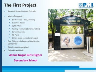 The First Project
 Areas of Rehabilitation : Schools
 Ways of support :
 Black Boards - New / Painting
 Dust Free Boards
 Lights / Fans
 Painting Furniture ( Benches. Tables)
 Carpentry works
 RO Plant
 Others based on need and budget
 Due Diligence & Personal Verification
Completed
 Requirements compiled
 School Identified :
Ashok Nagar Girls Higher
Secondary School
 