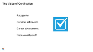 The Value of Certification
Recognition
Personal satisfaction
Career advancement
Professional growth
 