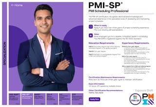 SPECIALIZATION
Organizational
Transformation
Foundation
PMI Scheduling
Professional
PMI Risk
Management
Professional
Agile Hybrid
Project Pro™
View  View  View 
AHPP™
View 
Built
Environment
Project
Communication
Pro
Citizen
Developer
Practitioner
View 
CD-P OTF
PMI-SP®
PMI-RMP®
PMI Scheduling Professional
PMI-SP
®
The PMI-SP certification recognizes demonstrated knowledge and
advanced experience in the specialized area of developing and maintaining
project schedules.
When to apply
Apply if you have over three years of project scheduling experience.
This is an industry skill specialization.
Value
Show employers you’re a capable, competent leader in scheduling.
The PMI-SP® is registered against the ISO 9001 standard.
Certification Maintenance Requirements:
Must earn 30 PDUs per three-year cycle to maintain certification.
Exam Information:
3.5 hours, 170 questions, multiple choice
Other Certification Recommendations:
PMP®, PMI-PBA®
Education Requirements
Path A: Secondary degree (high school diploma,
associate’s degree, or the global equivalent)
Path B: Four-year degree
Path C: Bachelor’s or postgraduate degree from
a GAC accredited program
Experience Requirements
Without a four-year degree:
• A minimum of 36 months (three years) of
professional project scheduling within the last
five consecutive years
• 40 contact hours of formal education in the
specialized area of project scheduling
With a four-year degree:
• A minimum of 24 months (two years) of
professional project scheduling within the last
five consecutive years
• 30 contact hours of formal education in the
specialized area of project scheduling
With a degree from a GAC accredited program:
• A minimum of 12 months (one year) of
professional project scheduling within the last
five consecutive years
• 30 contact hours of formal education in the
specialized area of project scheduling
Apply Now
Exposure Draft
 