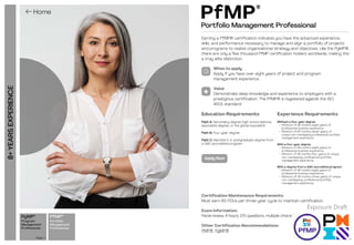 Earning a PfMP® certification indicates you have the advanced experience,
skills, and performance necessary to manage and align a portfolio of projects
and programs to realize organizational strategy and objectives. Like the PgMP®,
there are only a few thousand PfMP certification holders worldwide, making this
a truly elite distinction.
When to apply
Apply if you have over eight years of project and program
management experience.
Value
Demonstrate deep knowledge and experience to employers with a
prestigious certification. The PfMP® is registered against the ISO
9001 standard.
Certification Maintenance Requirements:
Must earn 60 PDUs per three-year cycle to maintain certification.
Exam Information:
Panel review, 4 hours, 170 questions, multiple choice
Other Certification Recommendations:
PMP®, PgMP®
Education Requirements

Path A: Secondary degree (high school diploma,
associate’s degree, or the global equivalent)
Path B: Four-year degree
Path C: Bachelor’s or postgraduate degree from
a GAC accredited program
Experience Requirements
Without a four-year degree:
• Minimum of 96 months (eight years) of
professional business experience
• Minimum of 84 months (seven years) of
unique non-overlapping professional portfolio
management experience
With a four-year degree:
• Minimum of 96 months (eight years) of
professional business experience
• Minimum of 48 months (four years) of unique,
non-overlapping, professional portfolio
management experience
With a degree from a GAC accredited program:
• Minimum of 96 months (eight years) of
professional business experience
• Minimum of 36 months (three years) of unique,
non-overlapping, professional portfolio
management experience
8+
YEARS
EXPERIENCE
Portfolio
Management
Professional
Program
Management
Professional
View 
PfMP®
PgMP®
Portfolio Management Professional
PfMP
®
Apply Now
Exposure Draft
 
