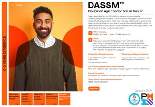 0-3
YEARS
EXPERIENCE
Disciplined Agile
Scrum Master
Disciplined Agile
Senior Scrum
Master
PMI Agile
Certified
Practitioner
View  View  View 
PMI-ACP®
DASM™
DASSM™
PMI Project
Management
Ready™
Certified
Associate
in Project
Management
View 
CAPM®
DASSM™
Disciplined Agile™
Senior Scrum Master
Take a deep dive into the DA tool kit to develop a comprehensive
understanding of the hundreds of practices and strategies it contains and the
trade-offs of applying them. This 2-day instructor-led course for experienced
agile practitioners teaches you how to use the Disciplined Agile (DA) tool kit to
optimize how teams work, how to work with allies within your organization, and
how to solve a variety of advanced problems.
When to apply
Apply if you have 2+ years of agile experience.
Value
Tailor your approach and lead your team with Disciplined Agile.
Learn how to lead agile teams through key enterprise activities,
such as planning, coordinating, and reporting, and be ready to show
your improvements in areas where your organization is struggling.
Pre-requisite for DAC™ and DAVSC™.
Certification Maintenance Requirements:
Must earn 7 PDUs in agile topics per one-year cycle to maintain certification.
Exam Information:
90 minutes, 50 questions, multiple choice, online, non-proctored
Other Certification Recommendations:
PMP®, DAC™, DAVSC™
Education Requirements
• 
2-day DASSM™ training from a Disciplined
Agile™ partner
• No formal education required
Experience Requirements
• 
Two years of experience working in an agile
team, preferably in a leadership role
Apply Now
Exposure Draft
 