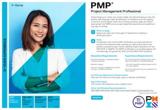 3+
YEARS
EXPERIENCE
PMP
®
Supercharge your career as a project leader and demonstrate you have the
specific skills employers seek, like dedication to excellence and the capacity
to perform at the highest levels. Now including predictive, agile, and hybrid
approaches, the PMP® proves project leadership experience and expertise in
any way of working.
Project Management Professional
Project
Management
Professional
Disciplined Agile
Coach
PMI
Professional
in Business
Analysis
Disciplined Agile
Value Stream
Consultant
View  View  View 
DAVSC™
DAC™
PMP®
PMI-PBA®
When to apply
Apply if you have over three years of experience in leading or
directing projects.
Value
Practitioners who hold the PMP certification are well-positioned to
provide the professional skills necessary to lead project teams and
achieve successful project results. Satisfies project experience for the
PMI-ACP® or PgMP®. The PMP® certification is accredited against the
internationally recognized ISO 9001 and ISO/ANSI 17024 standards.
Certification Maintenance Requirements:
Must earn 60 PDUs per three-year cycle to maintain certification.
Exam Information:
230 minutes, 180 questions, some multiple choice
Other Certification Recommendations:
PMI-PBA®, PMI-ACP®, AHPP, Built Environment Project Communication Pro
Education Requirements
• 
High school diploma or associate’s degree
(or global equivalent)
• 
Bachelor’s degree
• 
35 hours of project management education
training or CAPM® Certification
Experience Requirements
• 
60 months experience leading projects (with a
high school diploma or associate’s degree)
• 
36 months experience leading projects (with a
four-year degree)
• 
24 months experience if you’re a graduate of a
GAC program
Apply Now
Exposure Draft
 