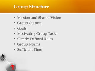 Group Structure
• Mission and Shared Vision
• Group Culture
• Goals
• Motivating Group Tasks
• Clearly Defined Roles
• Gro...
