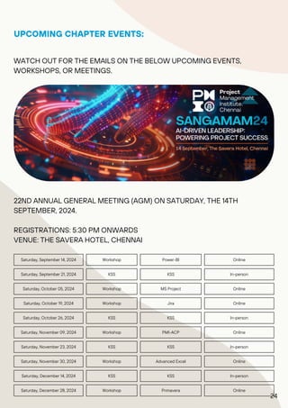 UPCOMING CHAPTER EVENTS:
WATCH OUT FOR THE EMAILS ON THE BELOW UPCOMING EVENTS,
WORKSHOPS, OR MEETINGS.
22ND ANNUAL GENERAL MEETING (AGM) ON SATURDAY, THE 14TH
SEPTEMBER, 2024.
REGISTRATIONS: 5:30 PM ONWARDS
VENUE: THE SAVERA HOTEL, CHENNAI
Saturday, September 14, 2024 Workshop Power-BI Online
Saturday, September 21, 2024 KSS KSS In-person
Saturday, October 05, 2024 Workshop MS Project Online
Saturday, October 19, 2024 Workshop Jira Online
Saturday, October 26, 2024 KSS KSS In-person
Saturday, November 09, 2024 Workshop PMI-ACP Online
Saturday, November 23, 2024 KSS KSS In-person
Saturday, November 30, 2024 Workshop Advanced Excel Online
Saturday, December 14, 2024 KSS KSS In-person
Saturday, December 28, 2024 Workshop Primavera Online
24
 
