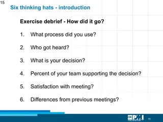 15
15
Exercise debrief - How did it go?
1. What process did you use?
2. Who got heard?
3. What is your decision?
4. Percent of your team supporting the decision?
5. Satisfaction with meeting?
6. Differences from previous meetings?
Six thinking hats - introduction
 