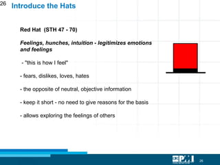 26
26
Red Hat (STH 47 - 70)
Feelings, hunches, intuition - legitimizes emotions
and feelings
- "this is how I feel"
- fears, dislikes, loves, hates
- the opposite of neutral, objective information
- keep it short - no need to give reasons for the basis
- allows exploring the feelings of others
Introduce the Hats
 