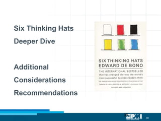 39
39
Six Thinking Hats
Deeper Dive
Additional
Considerations
Recommendations
 