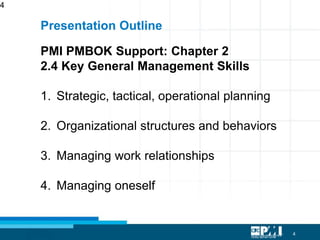 4
4
Presentation Outline
PMI PMBOK Support: Chapter 2
2.4 Key General Management Skills
1. Strategic, tactical, operational planning
2. Organizational structures and behaviors
3. Managing work relationships
4. Managing oneself
 