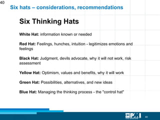 40
40
Six Thinking Hats
White Hat: information known or needed
Red Hat: Feelings, hunches, intuition - legitimizes emotions and
feelings
Black Hat: Judgment, devils advocate, why it will not work, risk
assessment
Yellow Hat: Optimism, values and benefits, why it will work
Green Hat: Possibilities, alternatives, and new ideas
Blue Hat: Managing the thinking process - the "control hat"
Six hats – considerations, recommendations
 