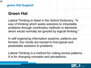 43
43
Green Hat
Lateral Thinking is listed in the Oxford Dictionary: "A
way of thinking which seeks solutions to intractable
problems through unorthodox methods or elements
which would normally be ignored by logical thinking."
In self organizing information systems, patterns are
formed. Our minds are trained to find typical and
predictable solutions to problems.
Lateral Thinking is a method for cutting across patterns.
It is for changing concepts and perceptions.
green Hat Support
 