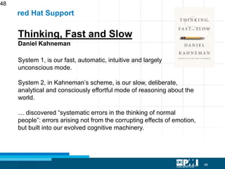 48
48
red Hat Support
Thinking, Fast and Slow
Daniel Kahneman
System 1, is our fast, automatic, intuitive and largely
unconscious mode.
System 2, in Kahneman’s scheme, is our slow, deliberate,
analytical and consciously effortful mode of reasoning about the
world.
… discovered “systematic errors in the thinking of normal
people”: errors arising not from the corrupting effects of emotion,
but built into our evolved cognitive machinery.
 